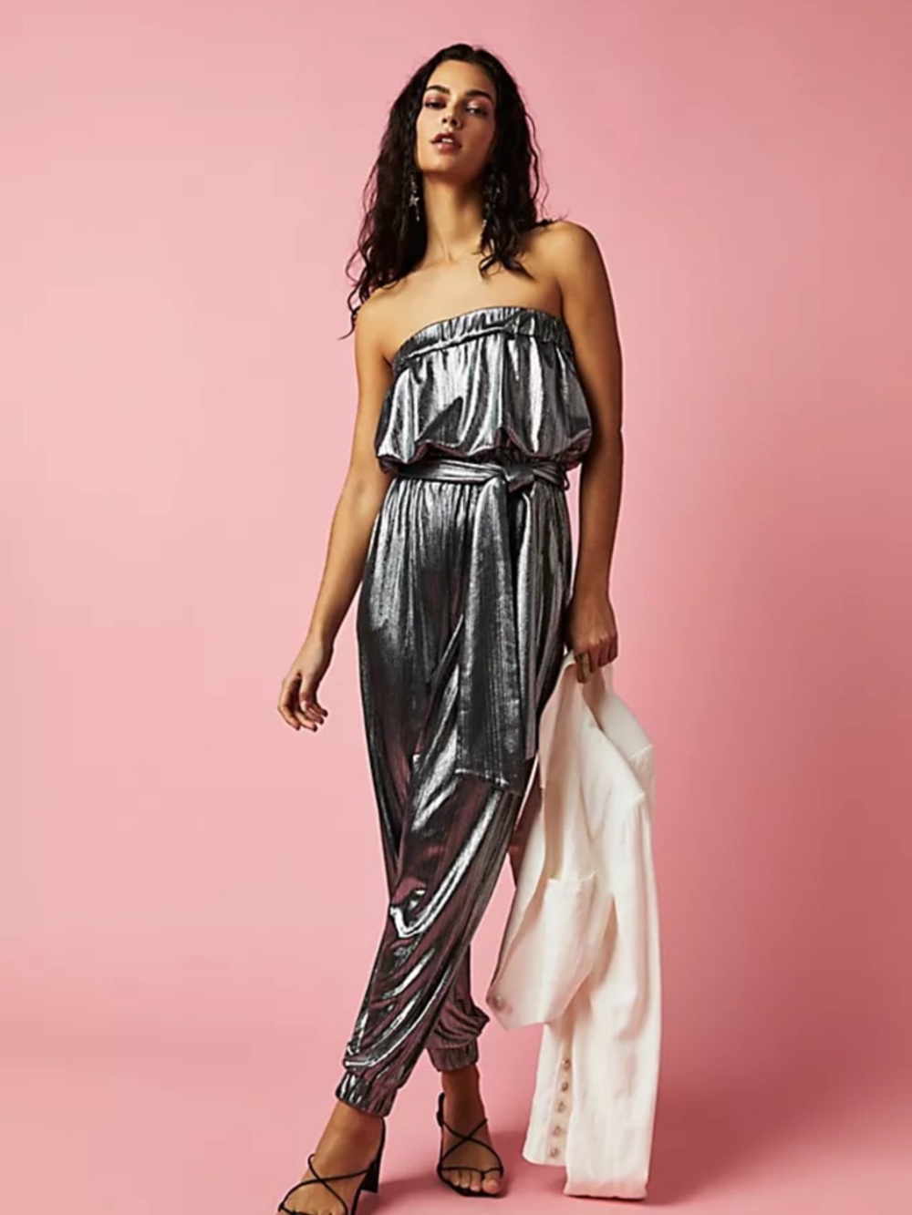 Elliatt Metallic Silver Strapless Jumpsuit with Tie Waist